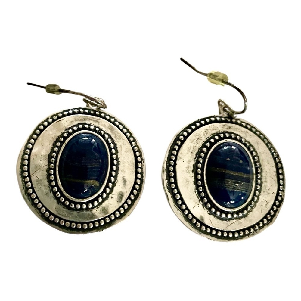 Chico’s Round Silver Hammered Earrings with Blue Natural Stone, Raised Details.